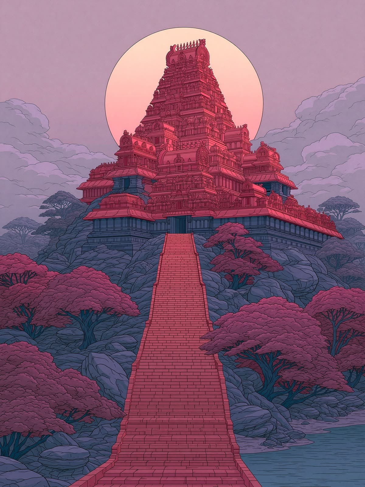 Illustration of a South Indian temple tower at dusk, a long stairway climbing to it through red-leaved trees.