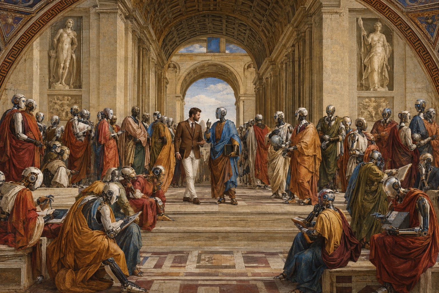 A fresco in the manner of The School of Athens, with robed robots filling the hall and a man in a brown suit in conversation with a robot at its centre.