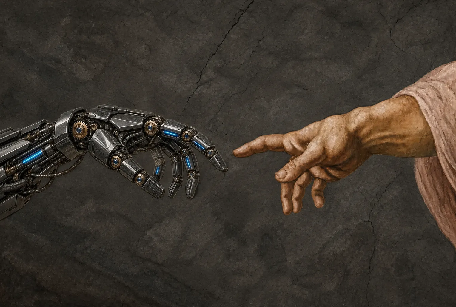 A fresco in the manner of The Creation of Adam, in which a robotic hand reaches toward a human hand.