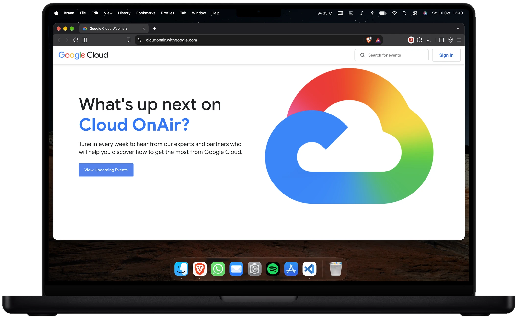 A black MacBook showing the Google Cloud OnAir webinars page: What's up next on Cloud OnAir?