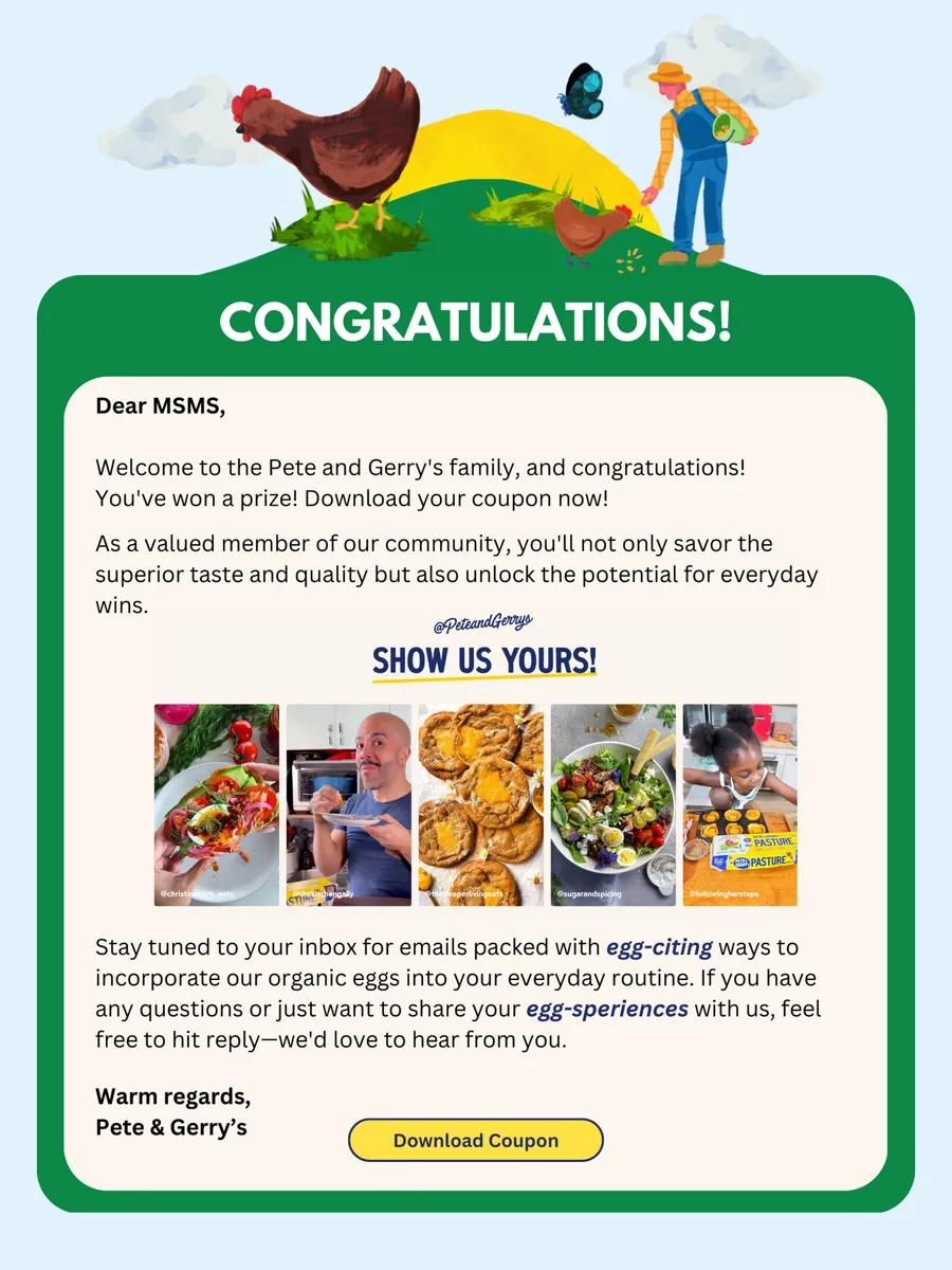 Congratulations email with a downloadable coupon and a Show us yours recipe call.
