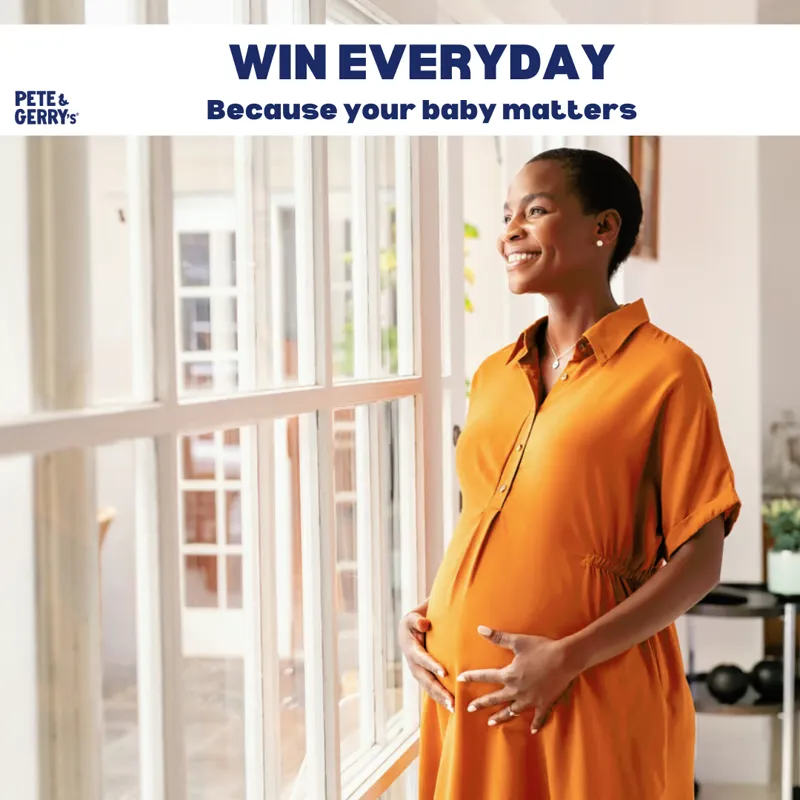 Instagram post: Win Everyday, because your baby matters, with an expectant mother by a window.