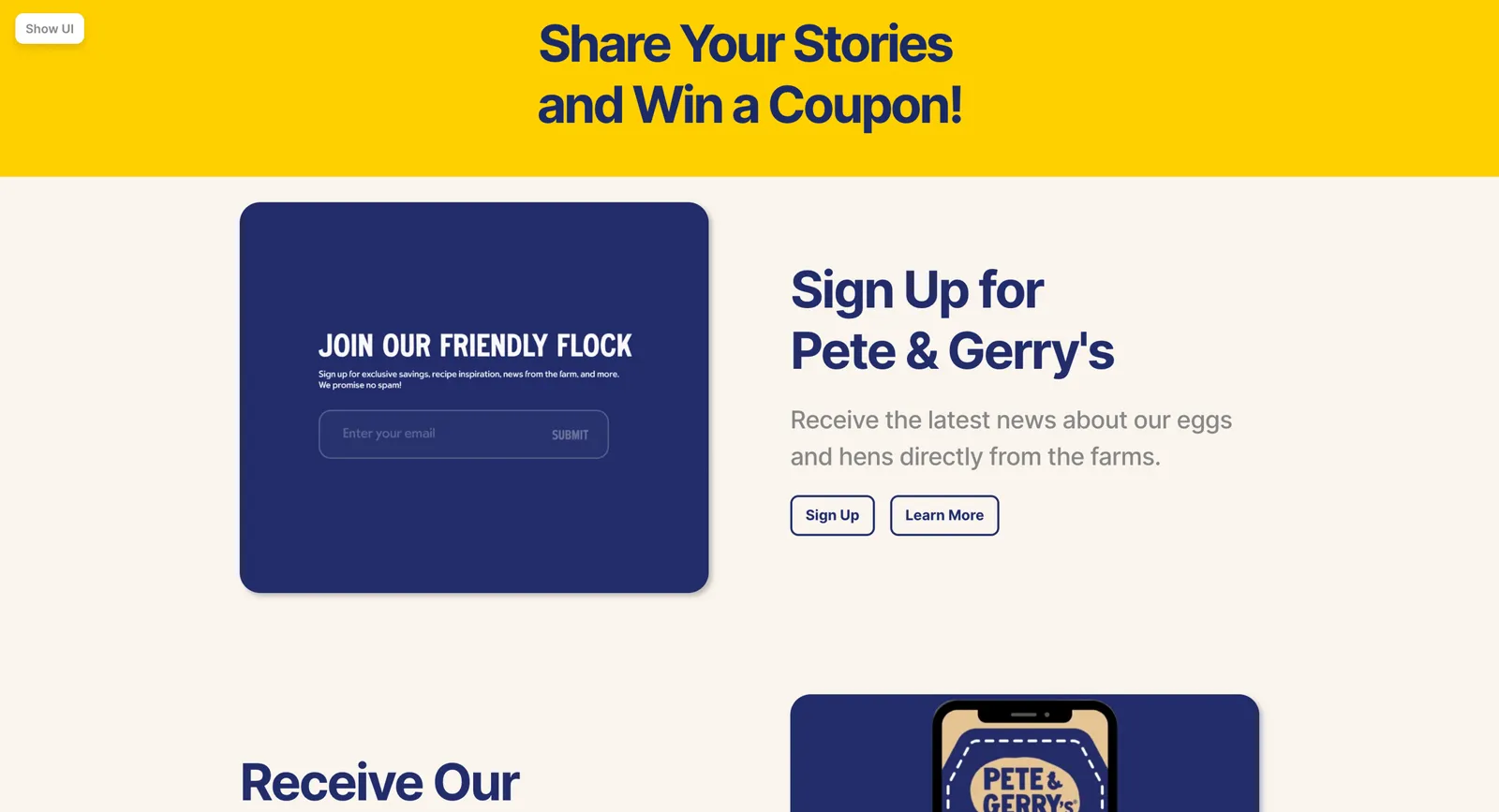 Win Everyday landing page: share your stories and win a coupon, with an email sign-up to join the friendly flock.
