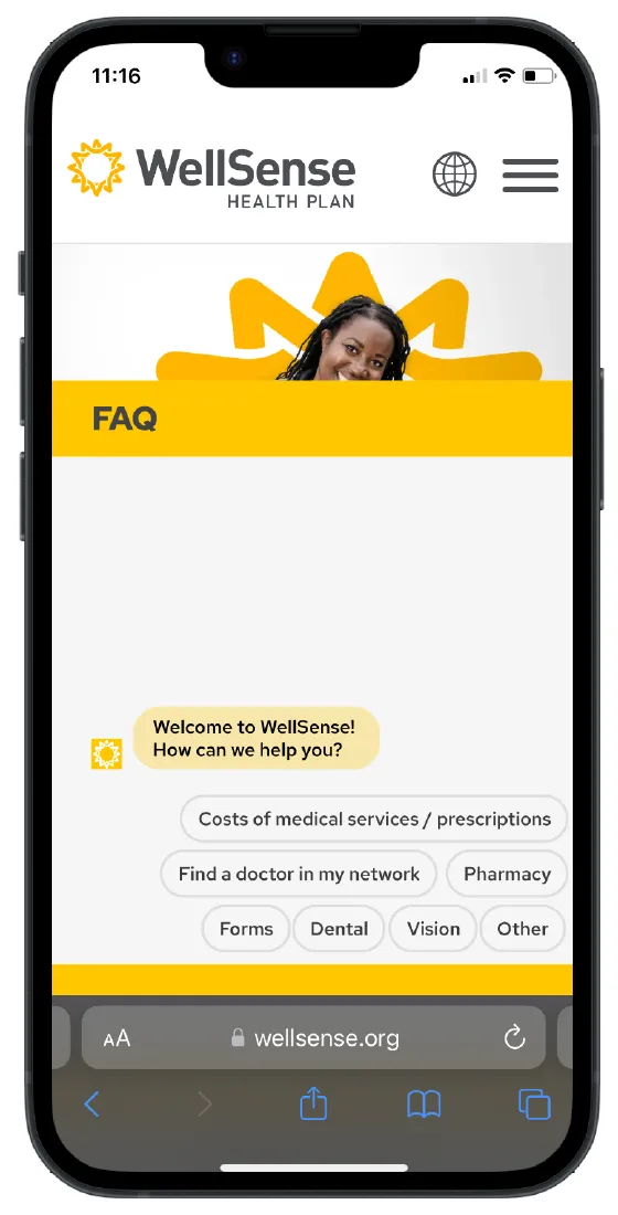 Phone screen of the FAQ guide on the WellSense site, offering buttons for costs, finding a doctor, pharmacy, forms, dental and vision.
