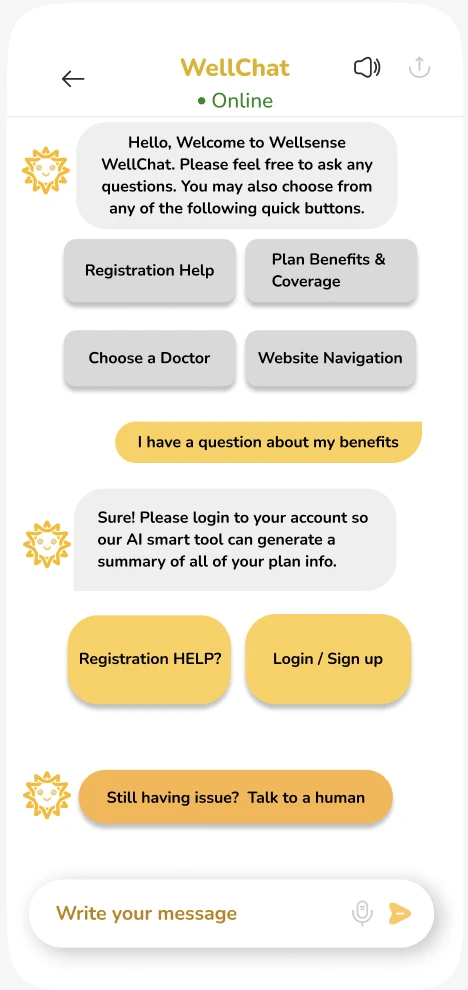 WellChat conversation: quick buttons for common questions, a login prompt to generate a plan summary, and a hand-off to a human.