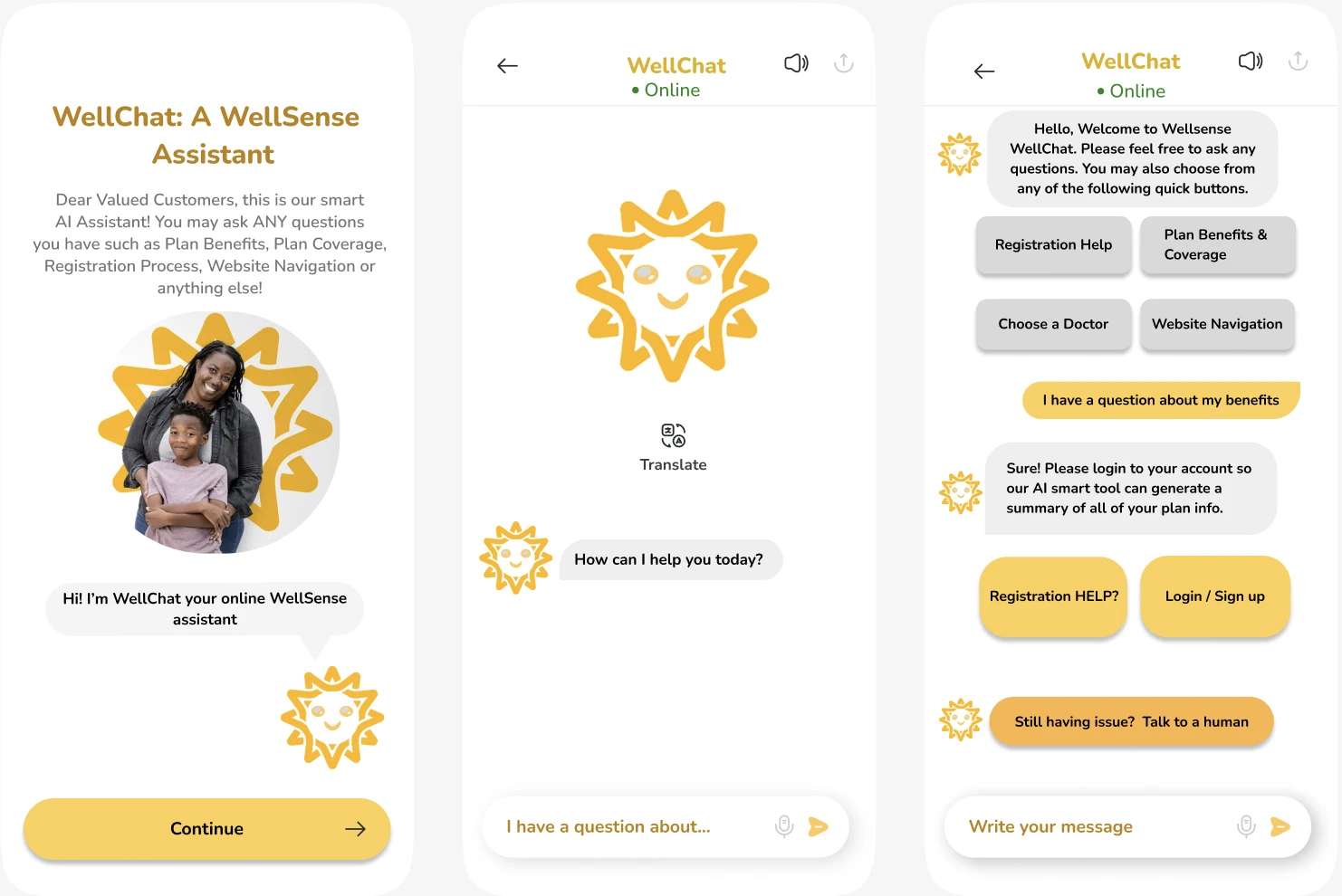 Three phone screens of WellChat: a welcome screen introducing the assistant, a start screen asking how it can help with a translate option, and a conversation offering quick buttons, a login prompt and a hand-off to a human.